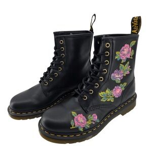 Dr Martens 1460 Vonda II Black Leather Floral Rose Embroidered Boots Boho Chic 9